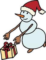 Snowman with gift on white background. Vector image.