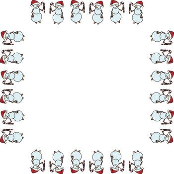 Square frame with snowman with candy on white background. Vector image.