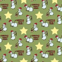 Seamless pattern with hand drawn snowman and yellow stars on green background. Vector image.
