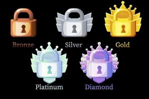 recompensas, oro, plata, platino, bronce, candados de diamantes para el juego. ilustración vectorial establece diferentes premios de mejoras de protección cerrada para el ganador.