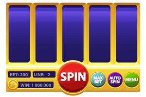 Slot machine games screen, online casino gambling. Vector illustration graphical interface with buttons, menus.