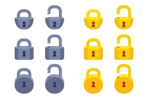 Game icon golden metal closed lock of different shapes. Vector illustration set padlock in cartoon style for surprise, hidden or locked object.