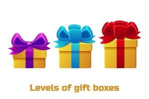 Three levels of gift box sizes with bows for graphic design. Vector illustration set isolated boxes from large to small.