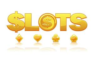 Gold logo slot with card suits for casino games. Vector illustration banner with dollar sign, coin for graphic design.