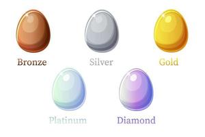 Game rank eggs, different metals and diamonds for graphic design. Vector illustration set isolated icons metallic eggs.