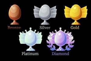Game rank awards eggs, different metals and diamonds for graphic design. Vector illustration set isolated improvement icons metallic cups eggs.