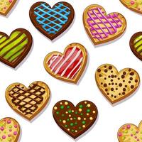 Seamless pattern sweet cookies heart shape with glaze. Vector illustration textural cute background with colorful sweets for design.