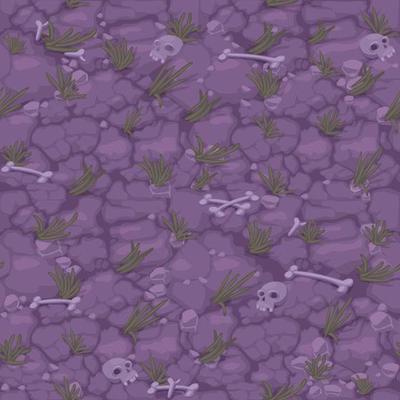 Ground seamless pattern, soil background with bones and skull for game design. Vector illustration purple textured backdrop organic land for wallpaper.