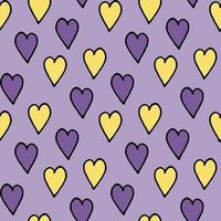 Seamless pattern with yellow and violet hearts on light violet background. Vector image.