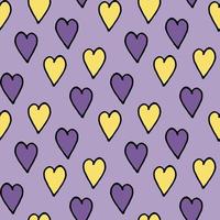 Seamless pattern with yellow and violet hearts on light violet background. Vector image.