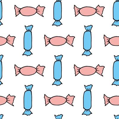 Seamless pattern with blue and pink candies on white background. Vector image.