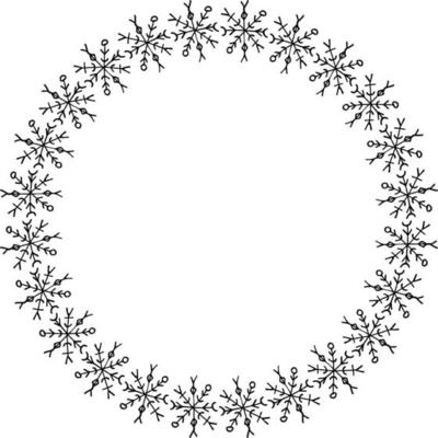 Round frame with handdrawn black snowflakes on white background. Vector image.