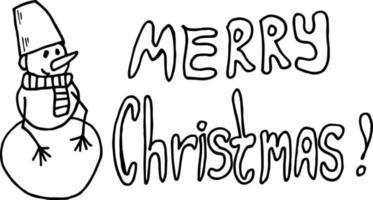 Black-and-white snowman with text Merry Christmas on white background. Vector image.
