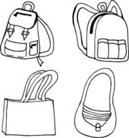 mochilas y bolsos en blanco y negro sobre fondo blanco. estilo garabato. imagen vectorial vector