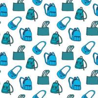 Seamless pattern with great blue backpacks and bags on white background. Doodle style. Vector image.