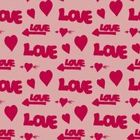 Seamless pattern with the words love and hearts on light pink background. Vector image.