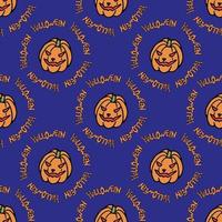 Seamless pattern with scary pumpkin and text halloween on bright violet background. Vector image.