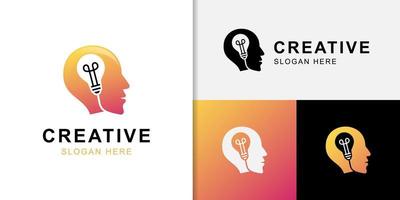 diseño de logotipo de concepto de idea creativa con símbolo de icono de cabeza y bombilla para humanos inteligentes, personas creativas, elemento de diseño de logotipo de icono de idea de cerebro vector