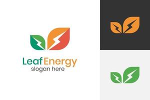 logotipo de vector de energía ecológica con diseño de icono de símbolo de hoja, hoja biológica verde con icono de destello o trueno, logotipo renovable de electricidad natural para tecnología natural
