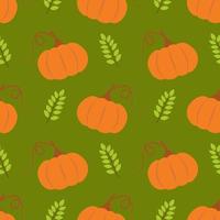 Seamless vector pattern with pumpkins, leaves and berries. It can be used to make fabrics, wrapping paper, design and wallpaper. Vegetable autumn background of pumpkins and leaves. Flat style. Vector