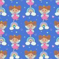 Vector seamless pattern with a princess, rainbow, stars and other elements. Fairy with a magic wand children's illustration. Cartoon fairy pattern for kids, girls. Wallpaper, packaging, design.