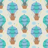 Vector seamless pattern with rabbits and bears on a balloon. Vector illustration with animals for children. It is used for printing on children's fabrics, wallpaper, textiles, design.