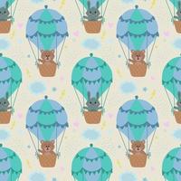 Vector seamless pattern with rabbits and bears on a balloon. Vector illustration with animals for children. It is used for printing on children's fabrics, wallpaper, textiles, design.