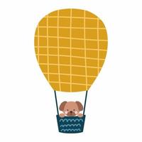 Puppy flying in air balloon. Cute dog. Poster for nursery. Vector illustration in cartoon style.