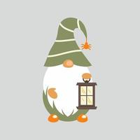 Cute dwarf with hat and lantern. Vector character in cartoon style. Little magic man. Gnome with beard.