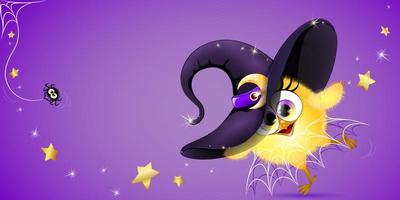 Chick witch Girl in magic witch hat with little cute spider and funny web skirt vector