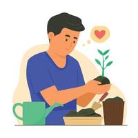 Boy Planting a Sapling of Plant in Flower Pot vector