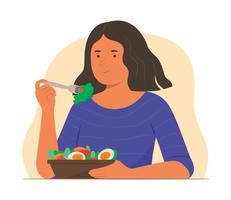 mujer vegetariana disfruta comiendo ensalada vector