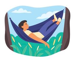 Man Lying Down to Relax in Hammock and Enjoy Outdoor Living vector