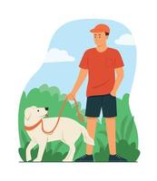 hombre y perro paseando en un parque público vector