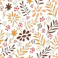 Hand-drawn floral vector seamless pattern for autumn design. Orange, yellow, brown branches, pink flowers, red berries on a white background. For prints of fabric, packaging, textile products, paper.