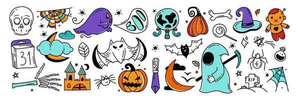 gran conjunto de elementos de halloween estilo doodle ilustración de diseño vectorial aislado sobre fondo blanco vector