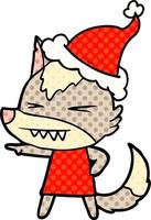 angry wolf comic book style illustration of a wearing santa hat vector