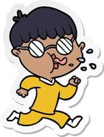 sticker of a cartoon boy wearing spectacles and running vector