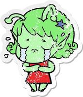 distressed sticker of a cartoon crying alien girl vector