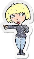 retro distressed sticker of a cartoon annoyed woman pointing vector