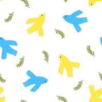 Vector seamless pattern with doves and olive branch in cartoon flat style on white background. Blue and yellow cute birds as concept of peace in Ukraine.