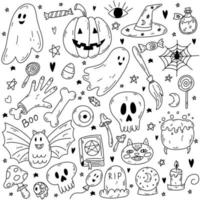 Hand drawn doole vector cartoon set of Halloween objects and symbols. Sketch of ghost, pumpkin, bone, poison, skull, spell book, cat, candle, bat, grave