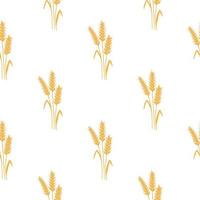 Seamless pattern with spikelets and grains of wheat on white background. Vector cartoon flat illustration for backery packaging, flour production, agriculture, harvest design