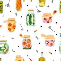 Semless pattern with home made pickles, canned fruit and vegetables in cartoon hand drawn flat style. Glass jar with preserved food, compote, marmalade, jam Autumn harvest season, marinated veggies vector