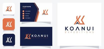 Vector graphic of letter k or kk and mountain  logo design with business card