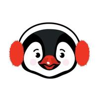 linda cara de un pingüino con auriculares peludos rojos. vector