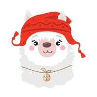 linda cara de alpaca con un sombrero rojo. vector