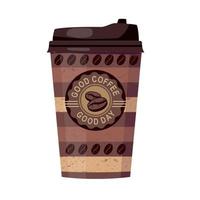 A striped paper Cup with a lid and a sticker that says Good coffee - good day. vector