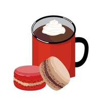 Red mug of hot coffee with macaroons. vector