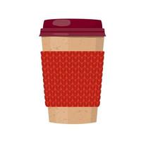 Paper Cup of coffee with a lid in a knitted scarf. vector